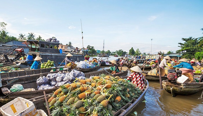 Chợ nổi có rất nhiều loại hoa quả được người dân trồng và đem bán trên sông
